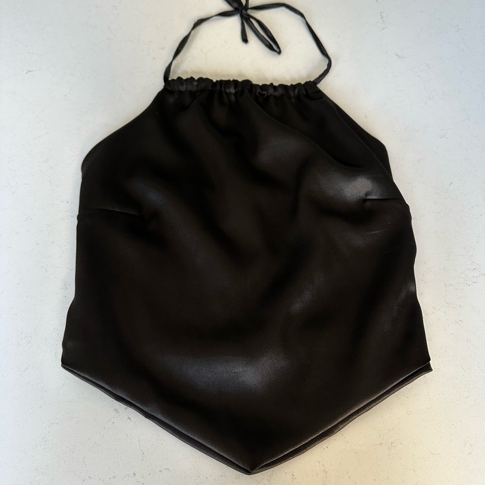 Black satin finish triangle shaped cropped halter top